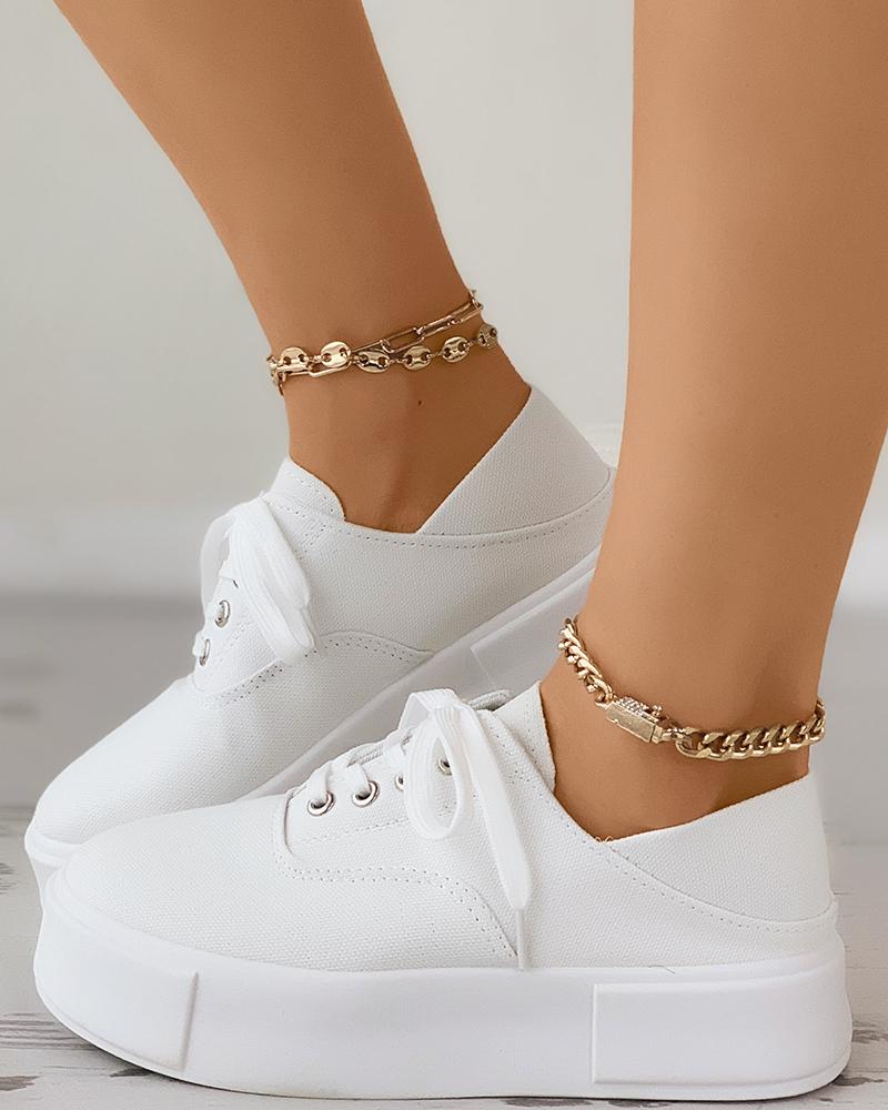 

Eyelet Lace-up Flatform Canvas Shoes, White