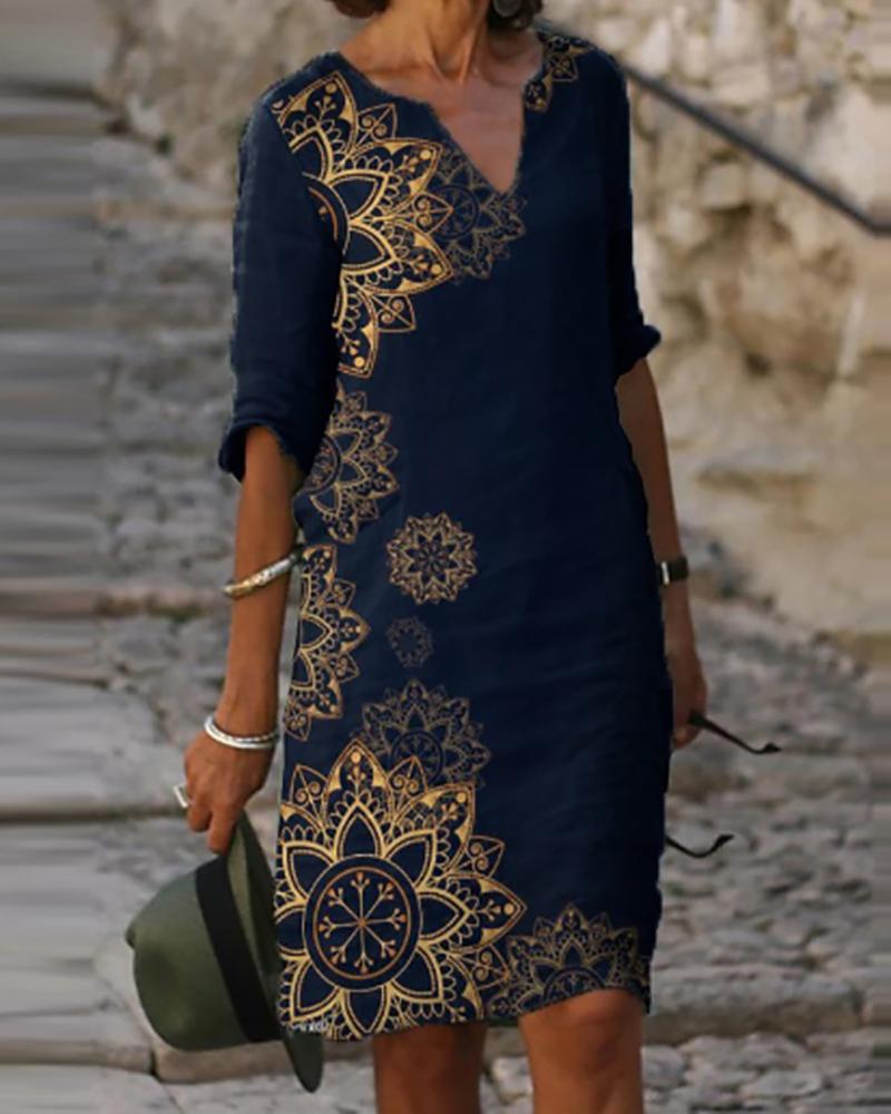 

Half Sleeve Shift Dress Knee Length Dress Floral Print Casual Dress, Black