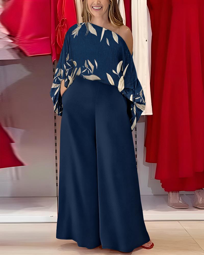 

Plants Print Lantern Sleeve Top & Wide Leg Pants Set, Blue