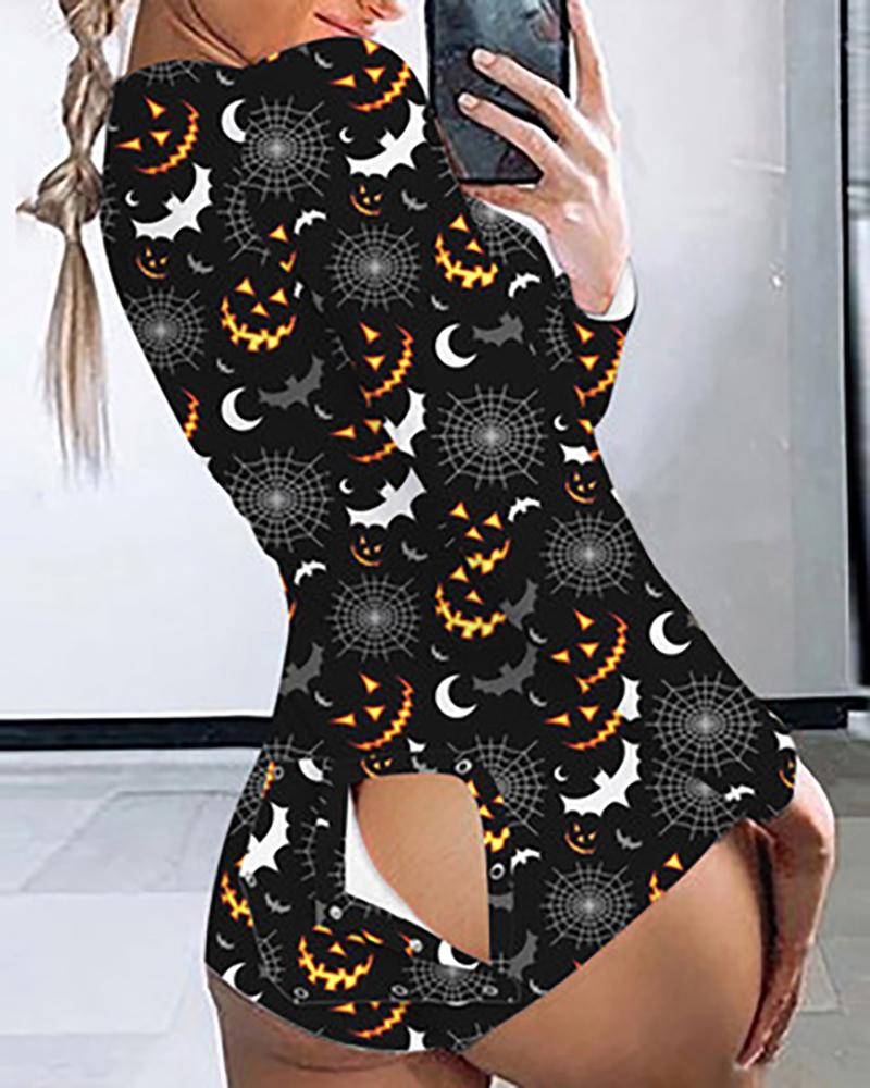 

Halloween Bat Spider Web Pumpkin Print Flap Design Romper, Style3