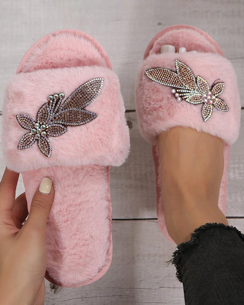 

Floral Pattern One Strap Fuzzy Slippers, Pink