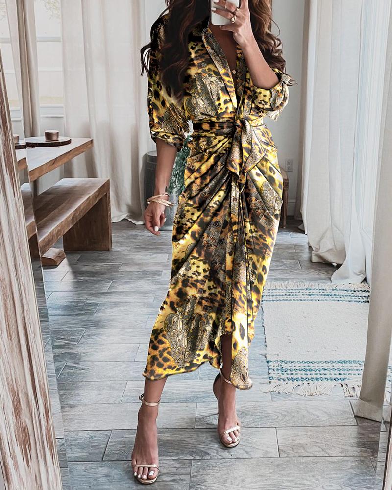 

Leopard Print Satin Belted Button Down Shirt Dress