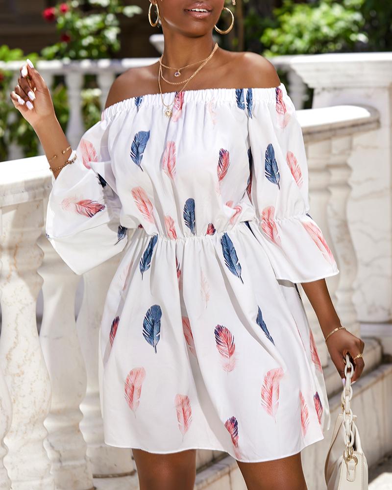 

Feather Print Off Shoulder Bell Sleeve Casual Dress, White