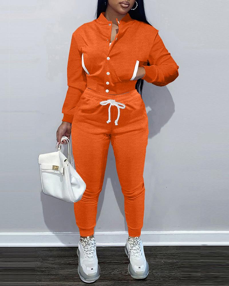 

Pocket Design Buttoned Baseball Jacket & Pants Set, Orange