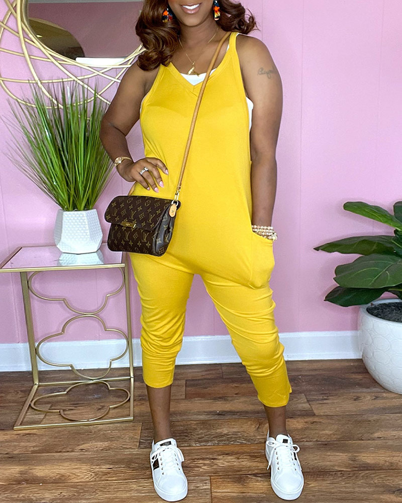 

Sleeveless V-Neck Pocket Design Casual Jumpsuit, Yellow