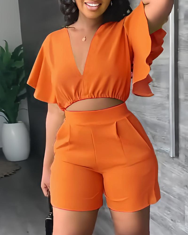 

V-Neck Flutter Sleeve Crop Top & Shorts Set, Orange