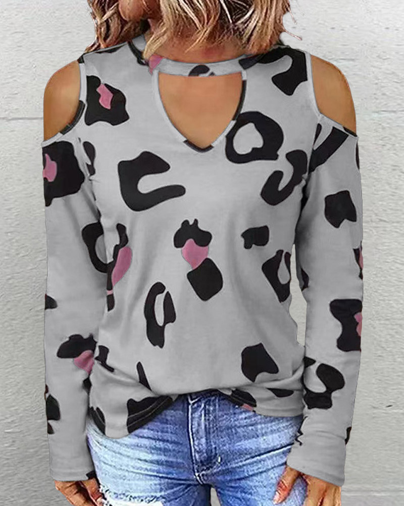 

Leopard Print Cold Shoulder Top, Gray