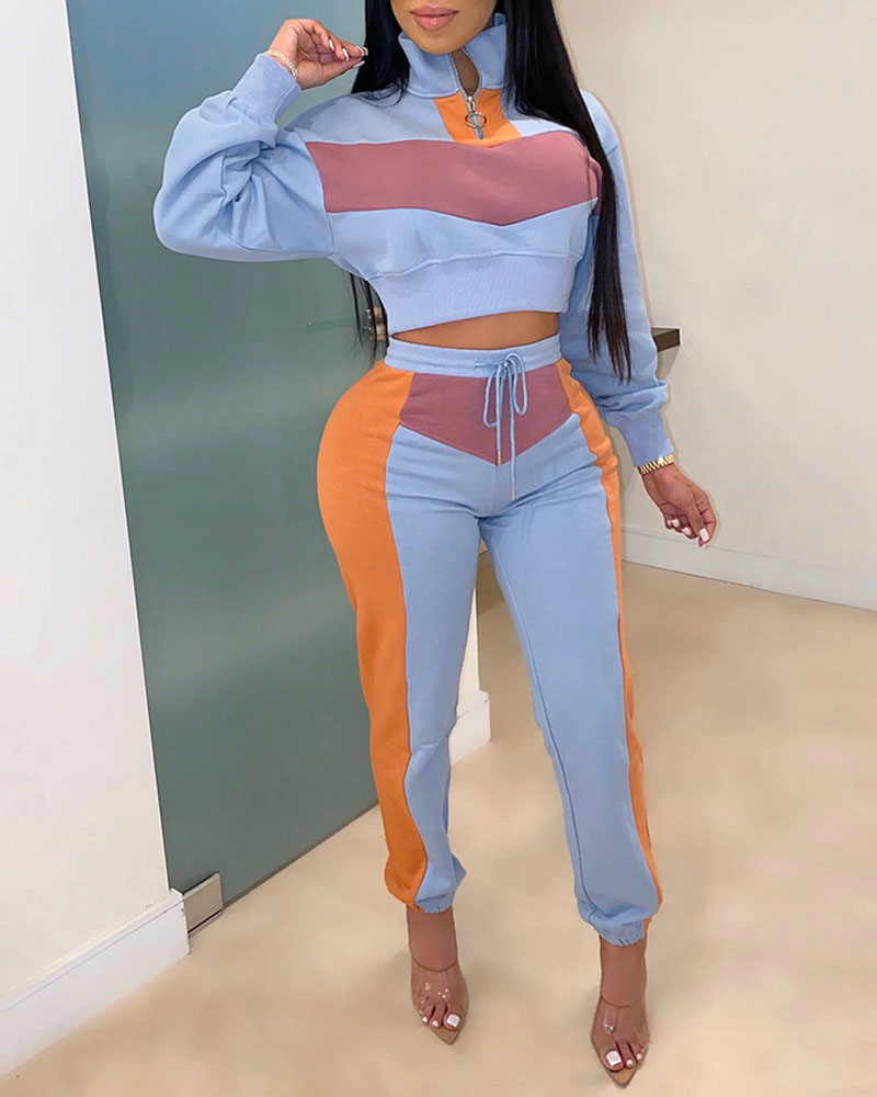 

Colorblock Patchwork Zip Front Top & Drawstring Pants Set, Blue