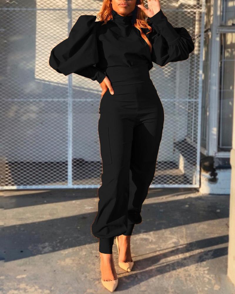 

Puff Sleeve Top & High Waist Cuffed Pants Set, Black