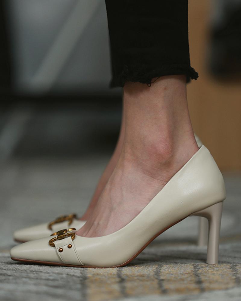 

Square Toe Metal Buckle Stiletto Heels, Beige