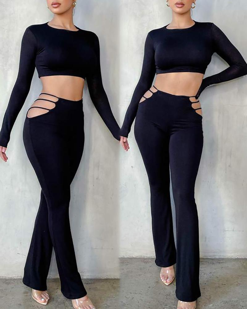 

Long Sleeve Skinny Crop Top & Cutout Pants Sets, Black