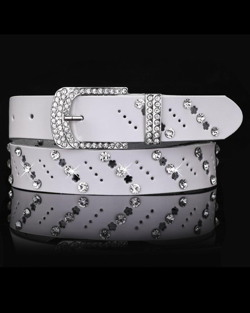 

PU Leather Hollow Out Rhinestone Decor Buckled Belt, White