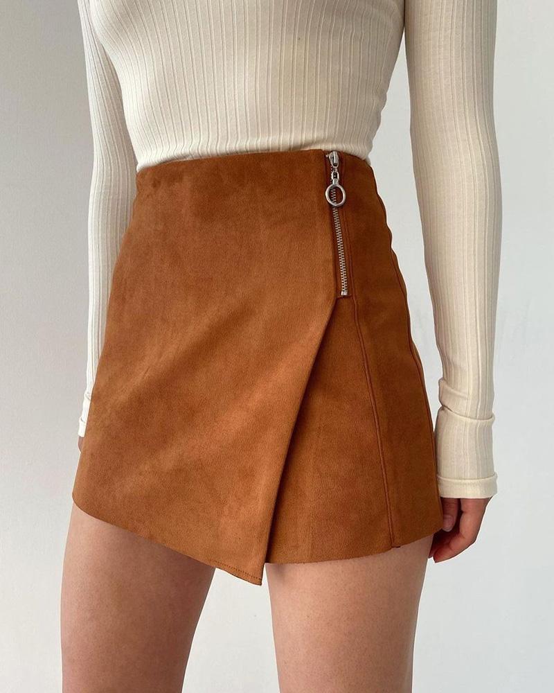 

Suede Zipper Detail Skorts, Brown