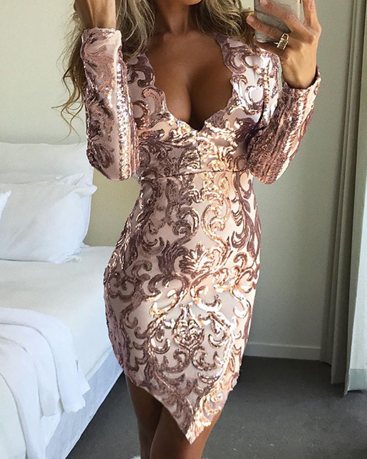 

Long Sleeve Deep V Sequin Dress, Gold