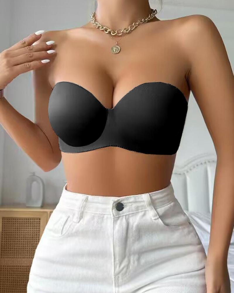 

Solid Strapless Push Up Seamless Invisible Bra, Black