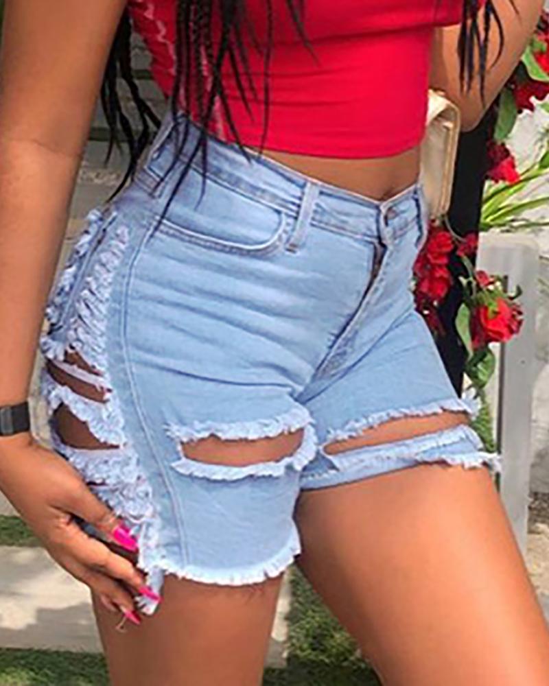 

Fringe Hem Cutout High Waist Denim Shorts, Lighted blue