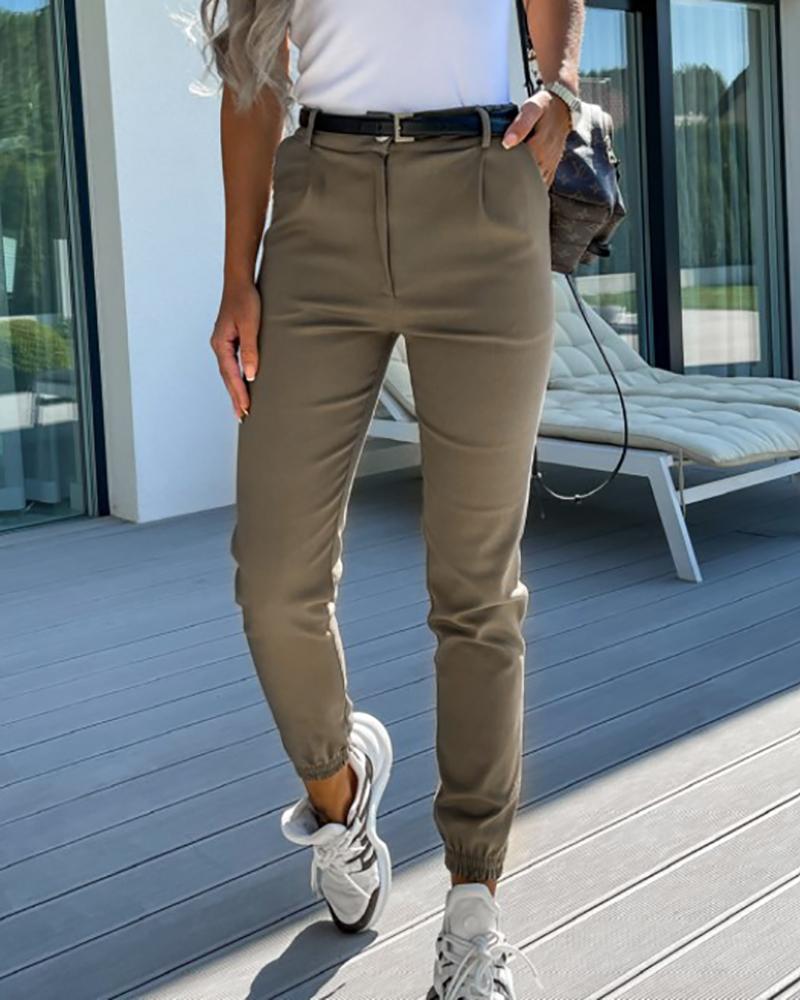 

Pocket Button Design High Waist Casual Pants, Army green