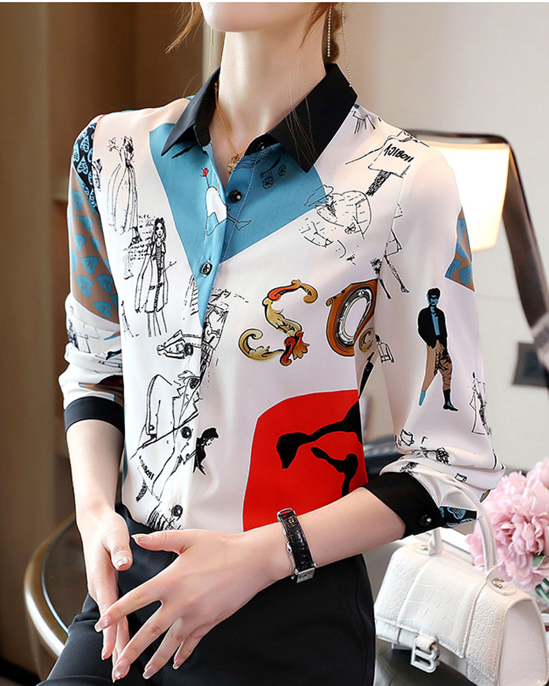 

Figure Print Long Sleeve Button Down Shirt, White