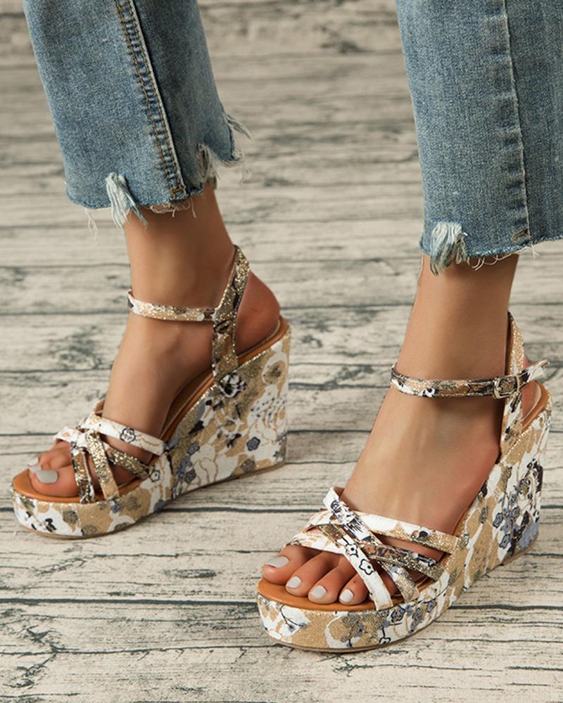 

Floral Print Strap Wedge Shoes Sandals, White
