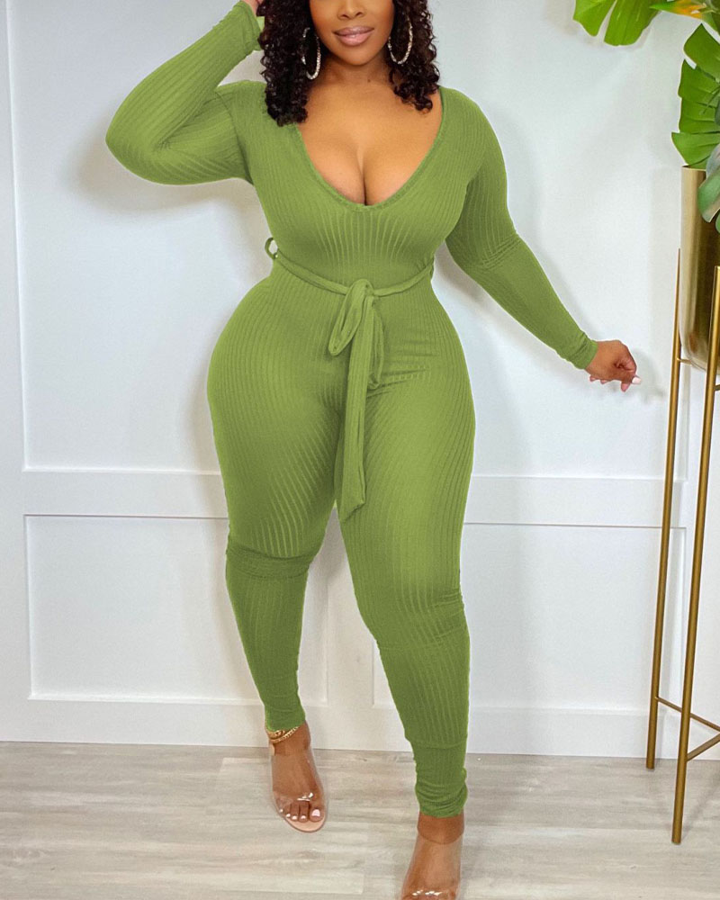 

Long Sleeve Skinny Belted Jumpsuit, Green