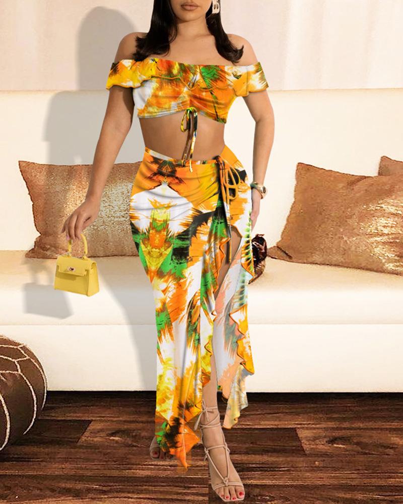 

Tie Dye Print Off Shoulder Top & Maxi Slit Skirt Set, Yellow