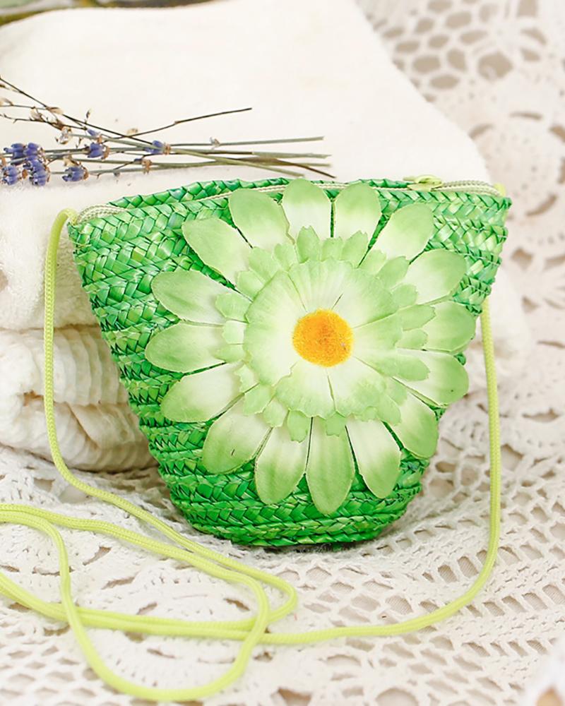 

Daisy Pattern Braided Crossbody Beach Bag, Green