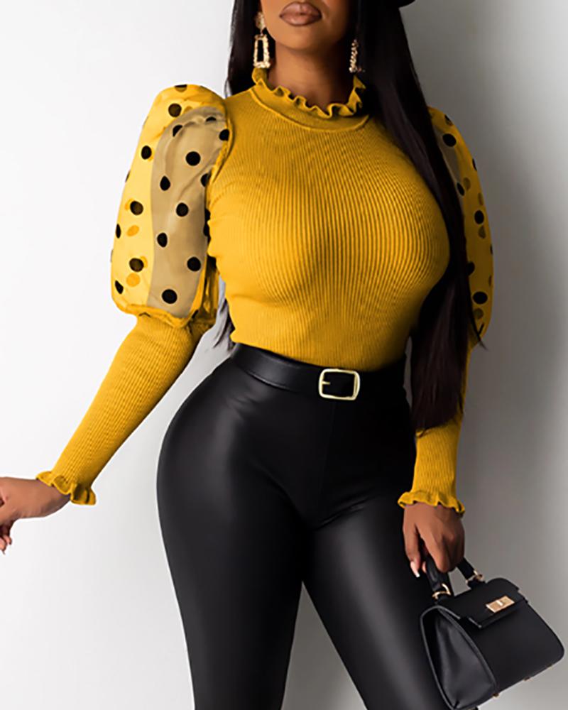 

Mesh Dot Puffed Sleeve Ribbed Blouse, Yellow