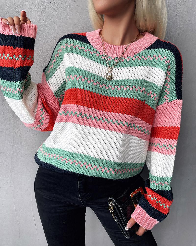 

Striped Colorblock Long Sleeve Casual Knit Sweater, Pink