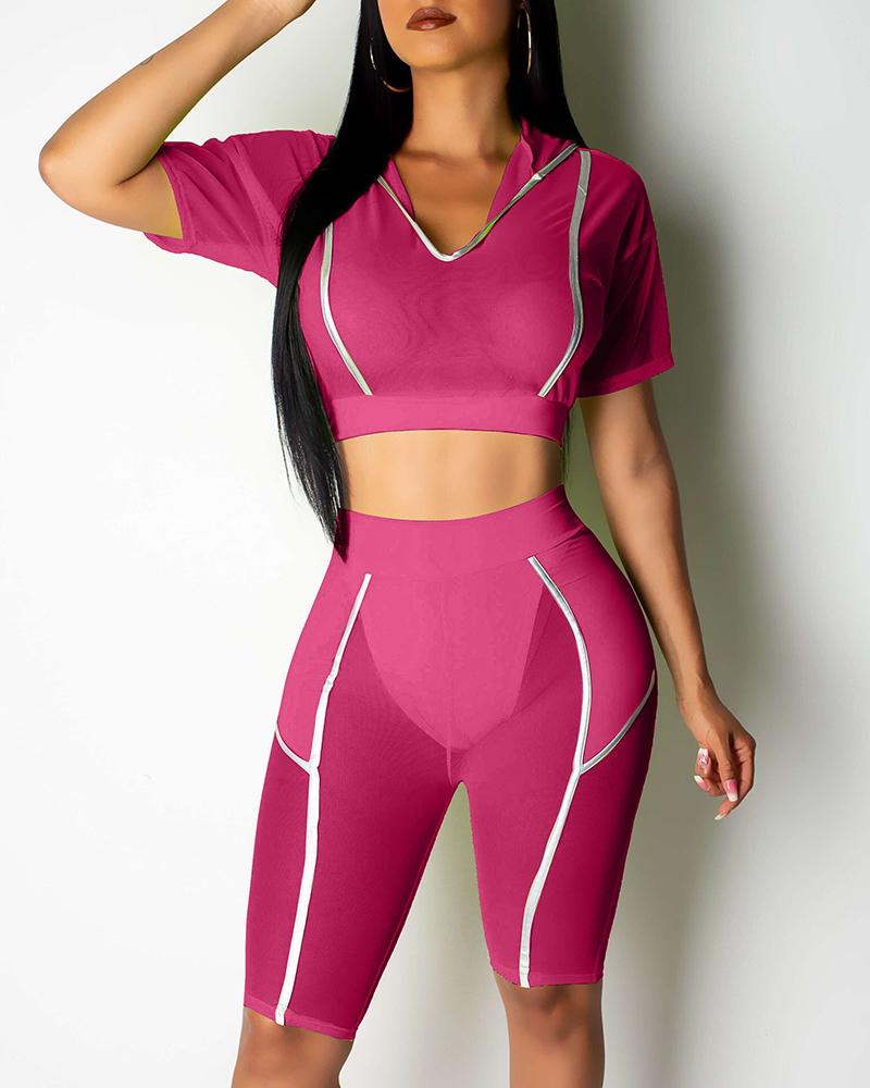 

Hooded Contrast Piping Sporty Top & Short Set, Wine red