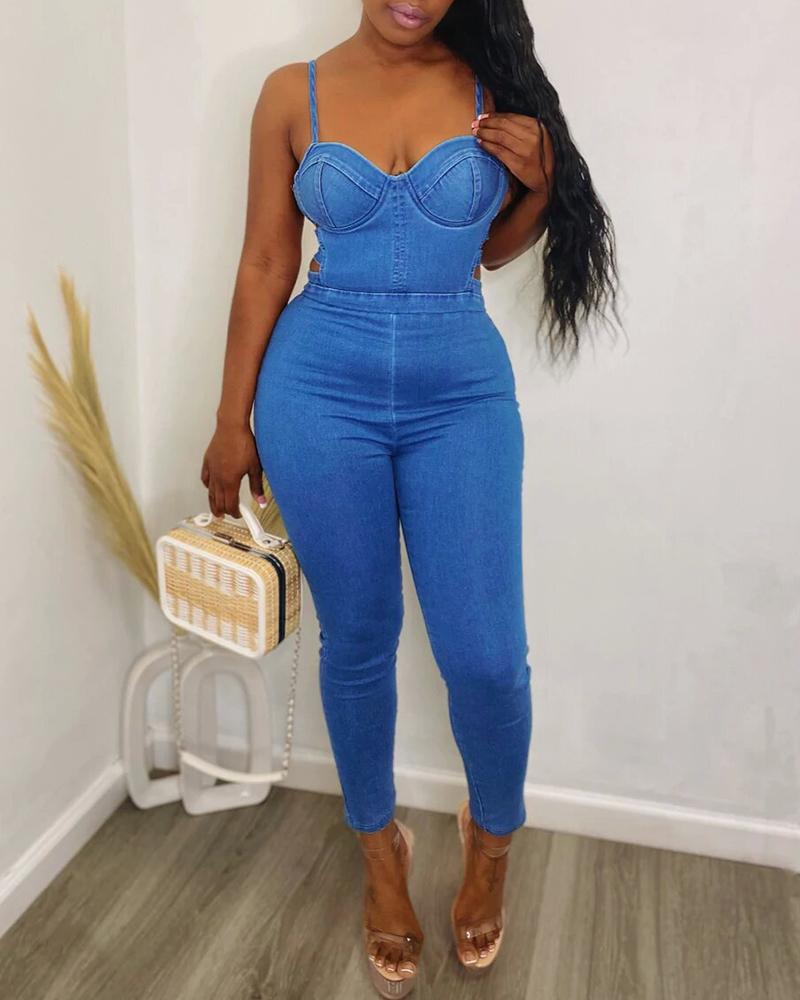 

V-Neck Cutout Backless Denim Jumpsuit, Blue