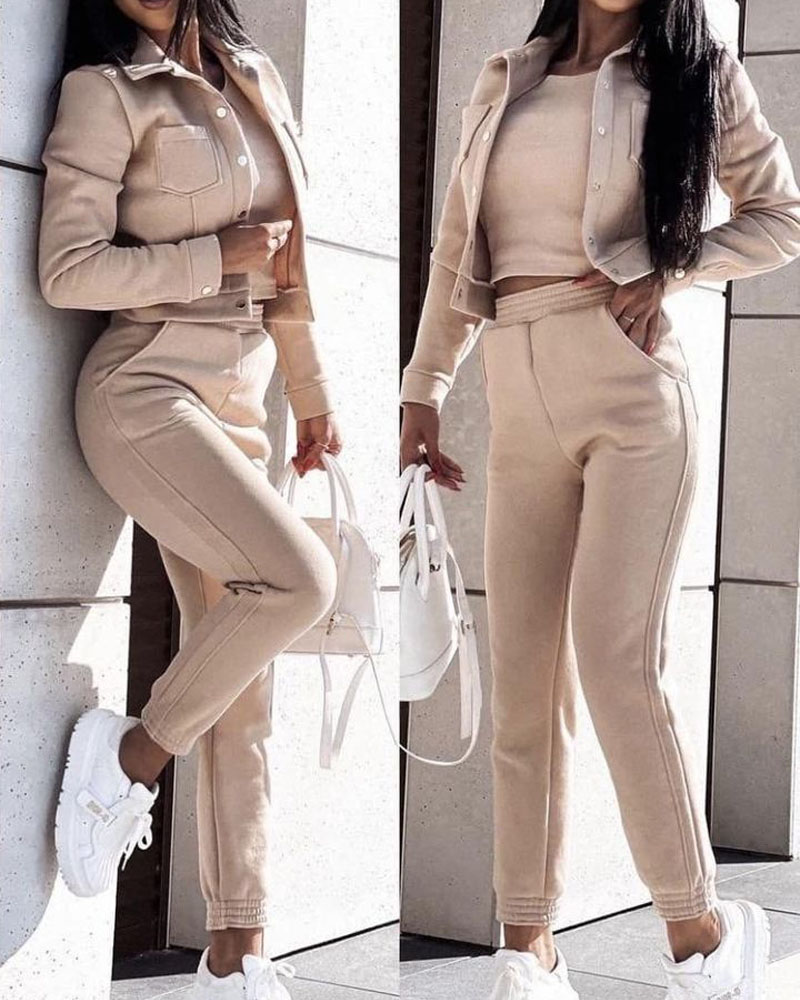 

Long Sleeve Button Front Coat & Sweatpants Set, Khaki