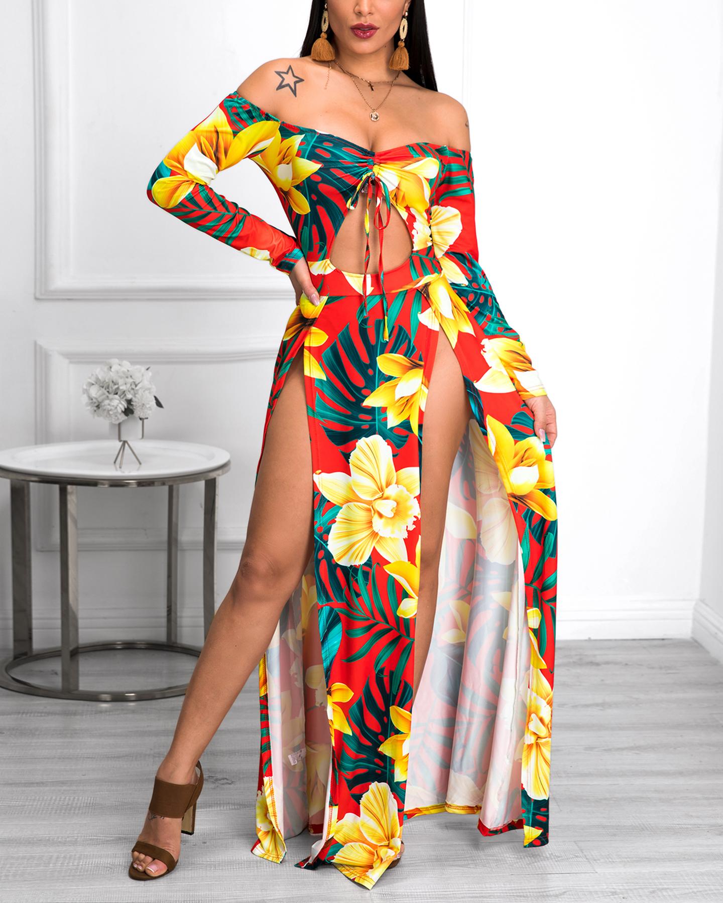 

Off Shoulder Floral Print Slit Maxi Dress, Orange