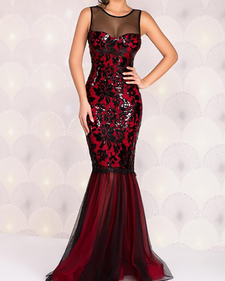 

Alluring Mesh Sequin Applique Maxi Dress, Red