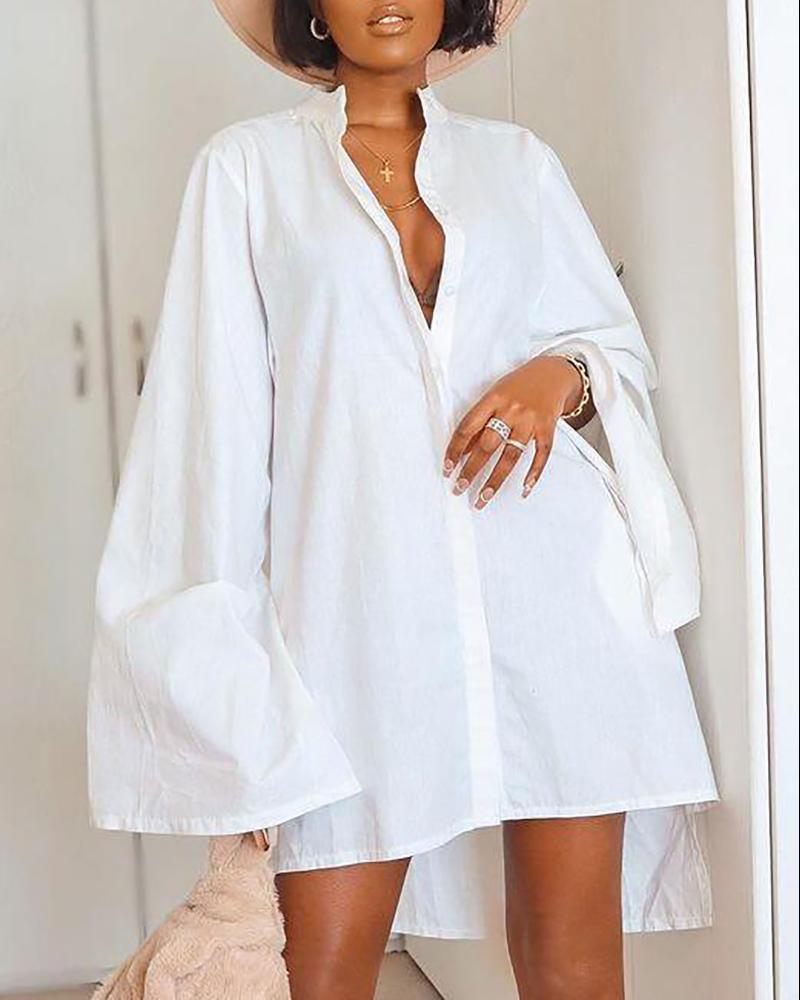 

Bell Sleeve Button Design Slit Casual Dress, White