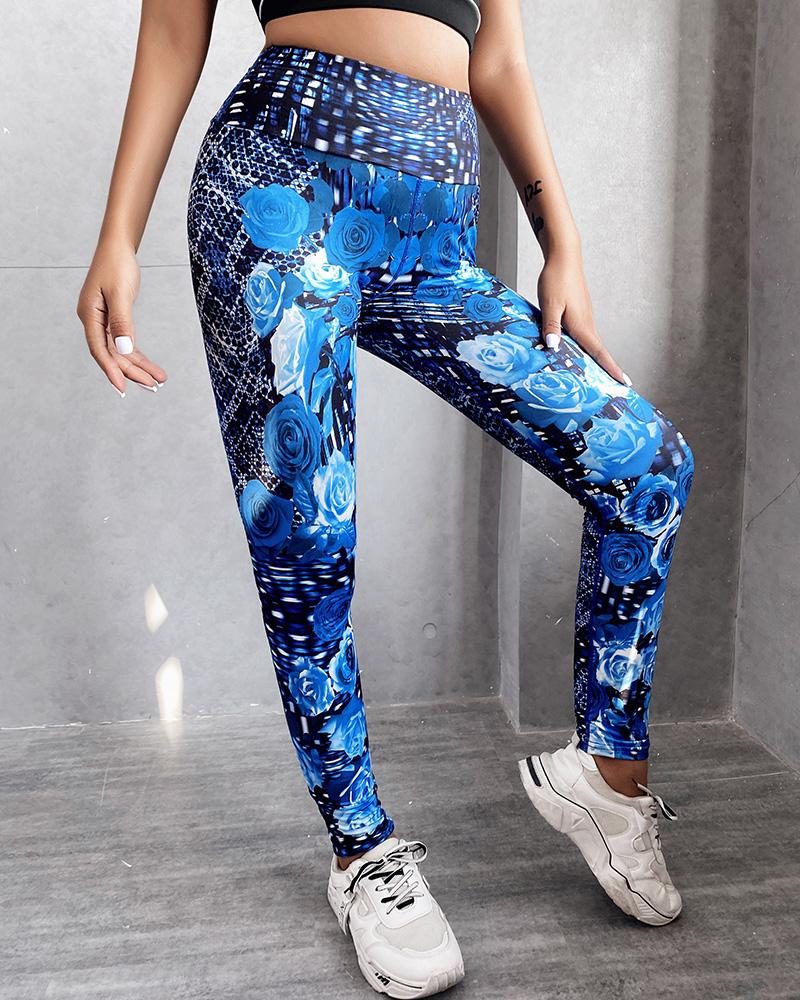 

Floral Graphic Print High Waist Skinny Leggings, Blue