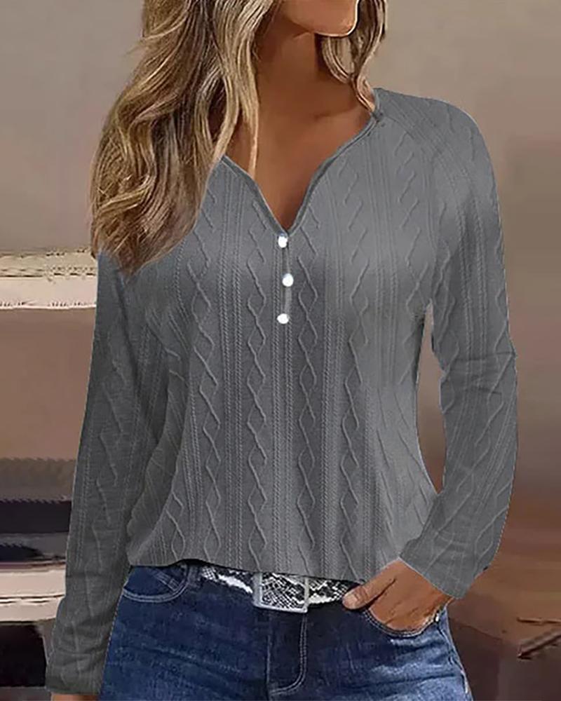 

Notch Neck Long Sleeve Cable Textured Top, Gray