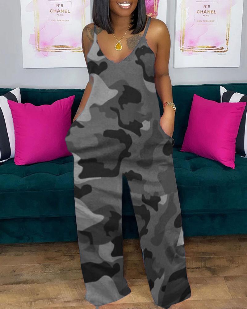 

Plus Size Camouflage Print Spaghetti Strap Jumpsuit, Gray