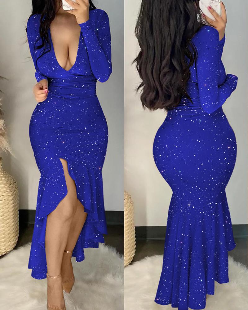 

Glitter Long Sleeve Deep V-Neck Mermaid Dress, Blue