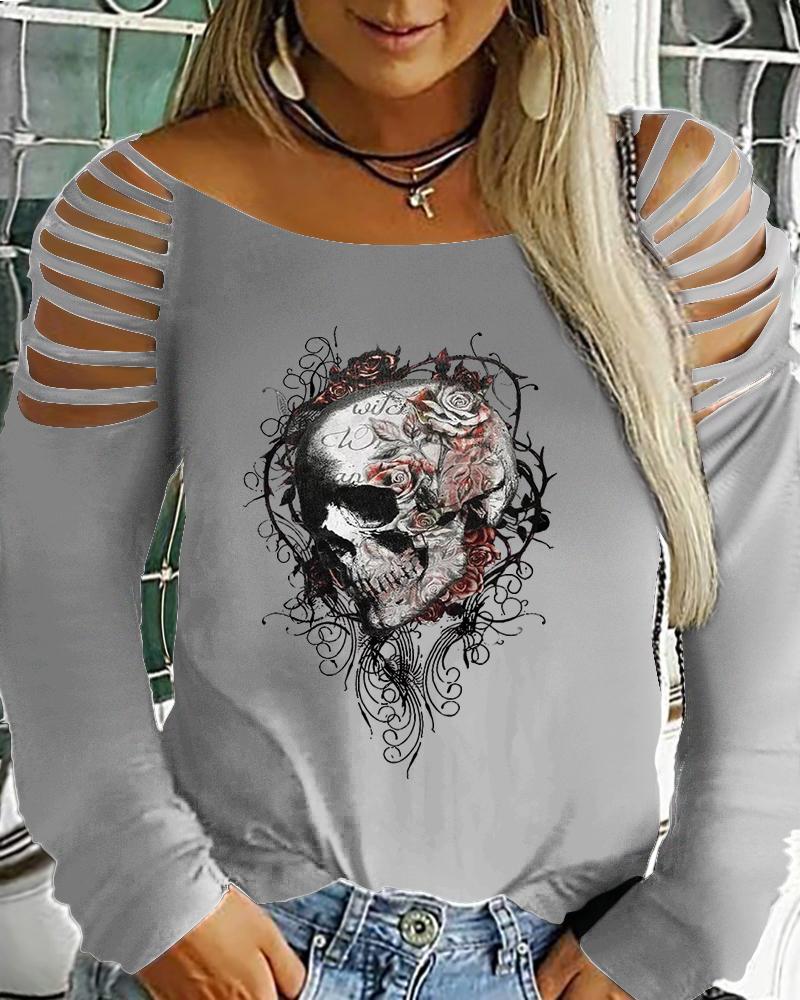 

Plus Size Halloween Skull Print Cold Shoulder Top, Gray