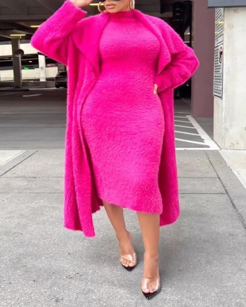 

Plus Size Fluffy Midi Dress With Longline Coat, Hot pink