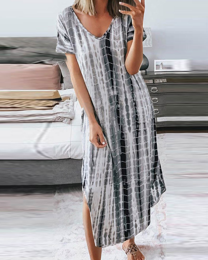 

Tie Dye Short Sleeve Loose Long Dress, Gray
