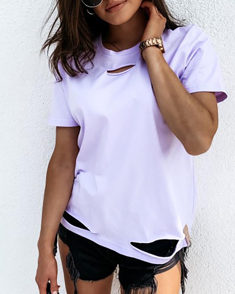 

Cut Out Design Short Sleeve Casual T-shirt, Purple