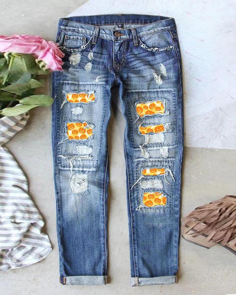 

Halloween Pumpkin Print Ripped Straight Leg Jeans, Blue