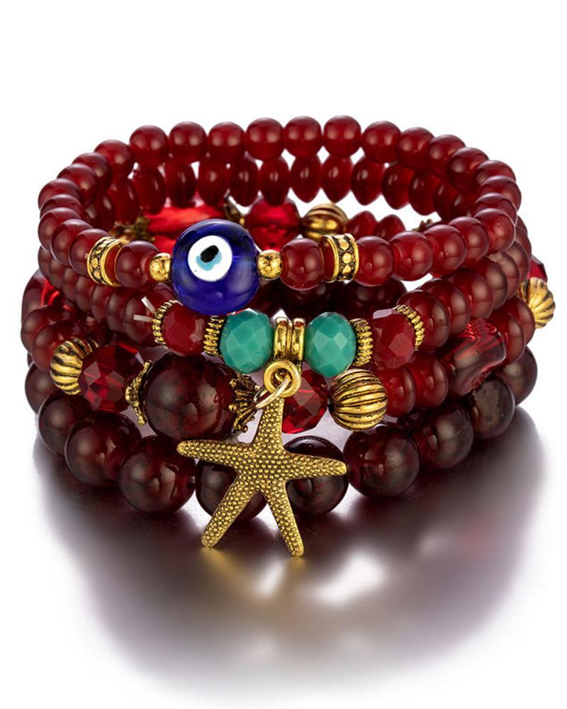 

1pc Blue Eye Starfish Beaded Bohemian Multi-layer Bracelet, Red