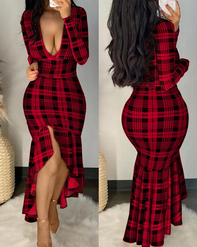 

Plaid Print Long Sleeve Deep V-Neck Mermaid Dress, Red