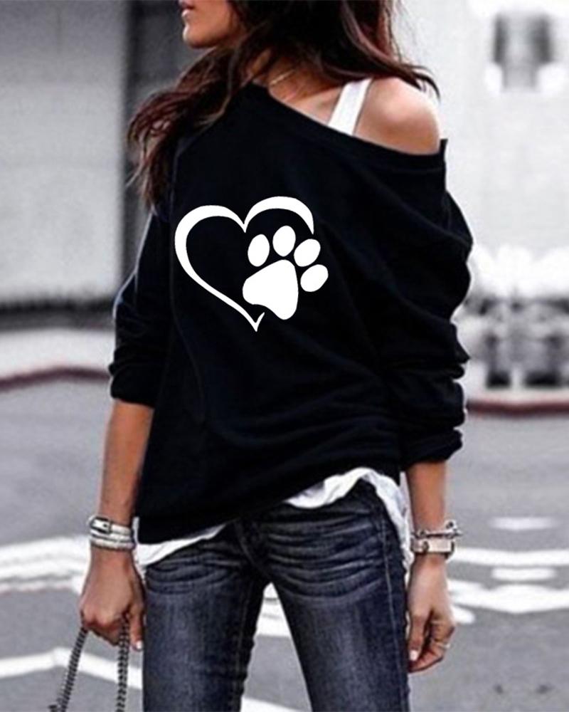 

Paw Heart Print Long Sleeve Casual Sweatshirt, Black