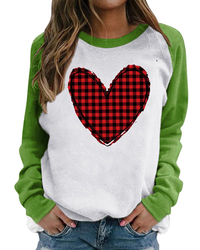 

Valentine' Day O-Neck Plaid Heart Print Colorblock Sweatshirt, Green
