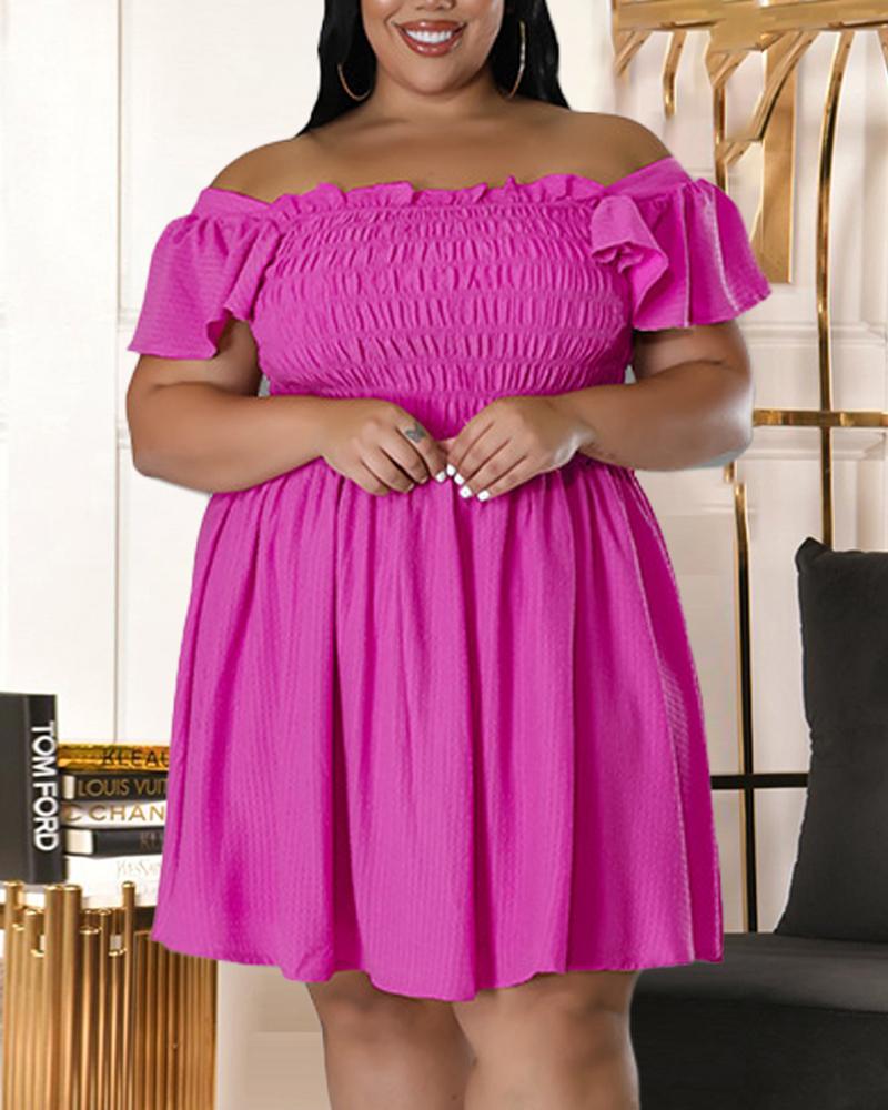 

Plus Size Off Shoulder Frill Hem Shirred Casual Dress, Hot pink
