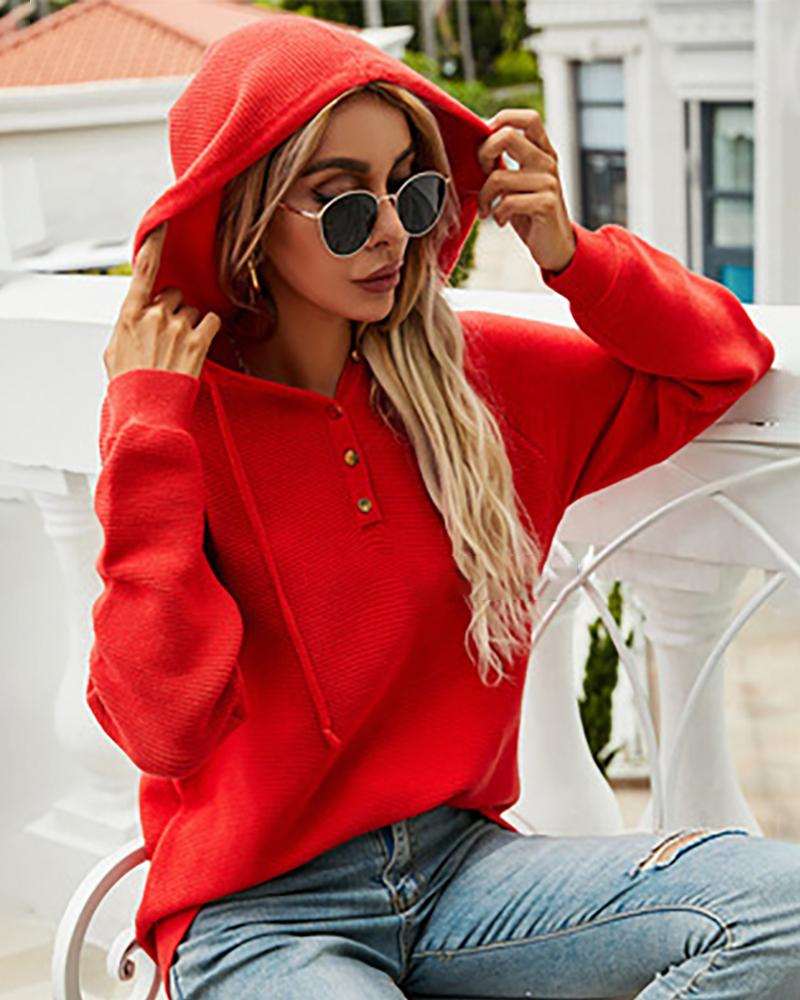 

Drawstring Buttoned Knit Hooded Sweatshirt, Red