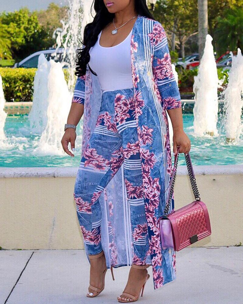 

Print Longline Coat & high Waist Pant Sets, Blue